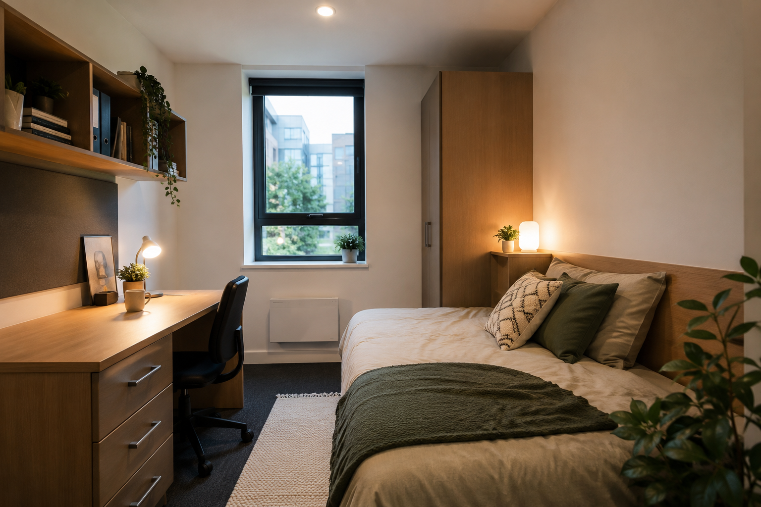 Modern student accommodation room with study desk, bed, and storage